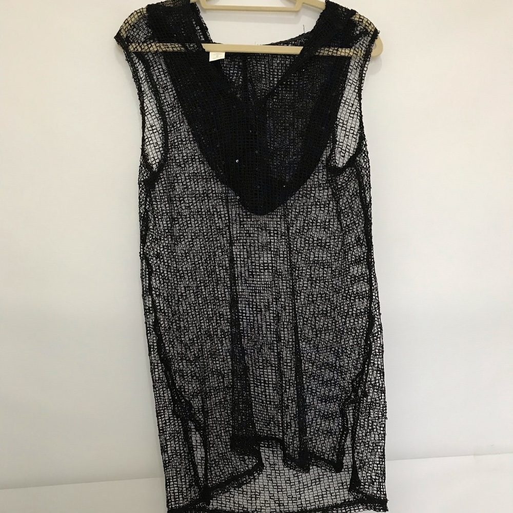 La Blanca Sheer Black Knit Beach Cover-Up with Hood Size M